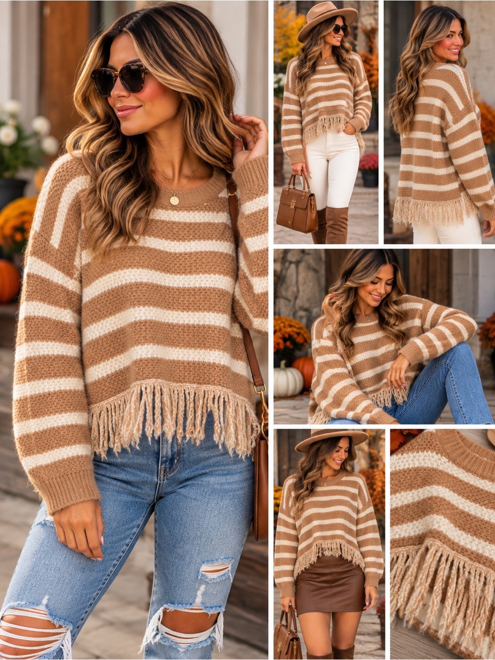 Dreamers by Debut Fringe Sweater Women’s Size L Camel Cream Striped Knit Boho